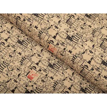 Dekorační látka PML-093 Pes mezi kočkami na hnědobéžovém - šířka 150 cm