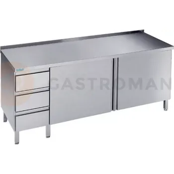 Nerezový dřez Pracovní stůl 1200x600x900 mm se 2 policemi, 3 šuplíky, 2 dvířky a pracovní deskou se zadním lemem | RILLING, ASF 0612C S3L0