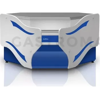 Výdejník vody Pokladní pult nechlazený, rohový, vnitřní s deskou z nerezové oceli, osvětlením korpusu a podstavci pod nádoby EURO2 1300x1070x910 mm | RAPA, LK-EMax/NW