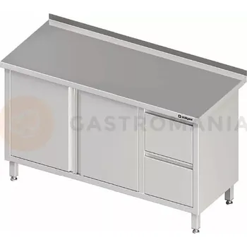 Kuchyňská linka Stůl nerezový přístěnný s blokem a dvěma zásuvkami na pravé straně a se skříňkou s křídlovými dveřmi 1500x700x850 mm | STALGAST, 980337150