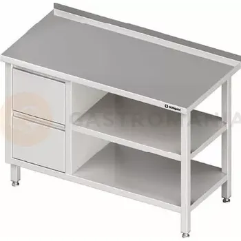 Kuchyňská linka Stůl nerezový s dvěma policemi a s blokem se dvěma zásuvkami na levé straně 1400x700x850 mm | STALGAST, 980287140