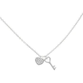 Náhrdelník Argento 91616 Stříbrný náhrdelník - srdíčko, klíč, čiré kulaté zirkony, délka 43 až 46 cm