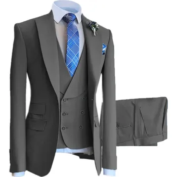 Luxusní svatební oblek na svatbu s dvouřadou vestou Barva: Šedá, Velikost: 4XL