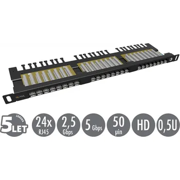 Patch panel 19" patch panel Solarix 24xRJ45 CAT6 UTP s vyvazovací lištou černý 0,5U SX24HD-6-UTP-BK