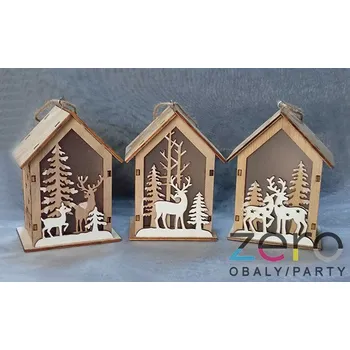 Domeček 3D dřevěný závěsný svítící 12 cm - přírodní (mix)