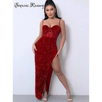 Dámské šaty Maxi párty šaty Sequins SQ803 Barva: Červená, Velikost: S