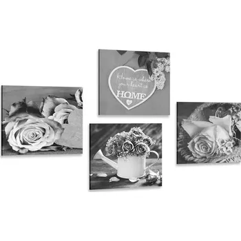 Obraz Dovido Set obrazů černobílé květiny s nápisem Home