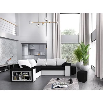 Sedací souprava Rohová sedačka VEJR s knihovnou a taburety, levá, černá/bílá +možnost VÝNOSU + vyzvednutí ZDARMA