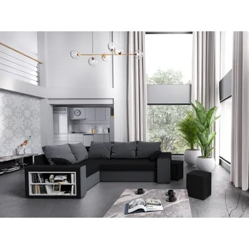 Sedací souprava Rohová sedačka VEJR s knihovnou a taburety, levá, černá/šedá +možnost VÝNOSU + vyzvednutí ZDARMA