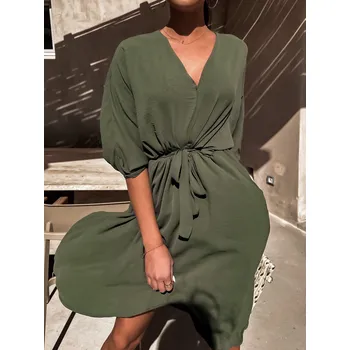 Dámské šaty Khaki lehké šaty MULLBERY s výstřihem