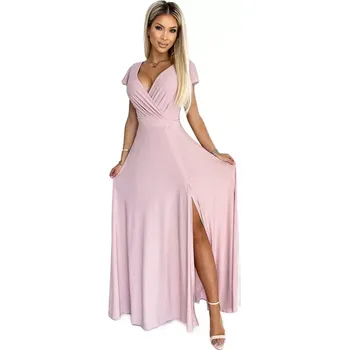 Dámské šaty Numoco 411-6 CRYSTAL třpytivé dlouhé šaty s výstřihem - špinavě růžové L