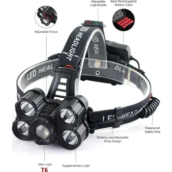 Čelovka Litwod Z30 Led čelovka 5 světel XM-L T6 LED svítilna 9000 Lumen Head lamp Světlo teleskopický zoom 4 režimy přepnutí