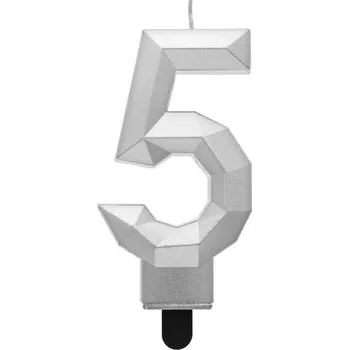 Dortová svíčka Svíčka číslo 5 - Diamant, stříbrná metalíza, 7,6 cm