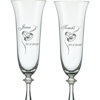 Sklenice Skleničky na sekt k výročí svatby Prsteny se stuhou, 2 ks (Do poznámky v nákupním košíku napište jména a datum výročí)