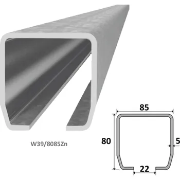 Pohon brány C profil samonosné brány W39/8085Zn - vodící nosný C profil 80 x 85 x 5 mm zinkovaný pro posuvnou nesenou bránu, délka 6 m, cena za 1 ks