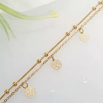 Náramek Náramek na nohu dvojitý zlatý s přívěškem - růže