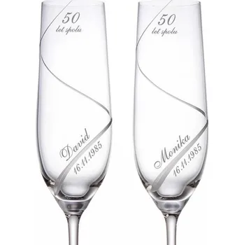 Sklenice Skleničky na sekt 190 ml 2 ks s ručně broušenou spirálou, pískovanými jmény, datem a číslem výročí