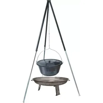 Kempingové nádobí Trojnožka XXL 2,2 m kotlík smalt s poklicí 50 l ohniště NATURE 75 (Souprava trojnožka ocelová XXL 2,2 m + gulášový kotlík s poklicí 50 l smalt a ohniště)