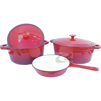 Hrnec Litinová pánev, hrnec a pekáč s poklicemi červeně smaltované