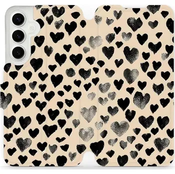 Pouzdro na mobilní telefon Flipové pouzdro Mobiwear - Samsung Galaxy S24 Plus - VA51S Černá srdíčka (Knížkové flip pouzdro, obal, kryt na mobil Samsung Galaxy S24 Plus - VA51S Černá srdíčka, materiál Umělá kůže + TPU - ochrana 360°, stojánek, silikonová vanička, magnetické zavírání