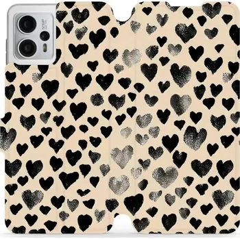 Pouzdro na mobilní telefon Flipové pouzdro Mobiwear - Motorola Moto G23 - VA51S Černá srdíčka (Knížkové flip pouzdro, obal, kryt na mobil Motorola Moto G23 - VA51S Černá srdíčka, materiál Umělá kůže + TPU - ochrana 360°, stojánek, silikonová vanička, magnetické zavírání)