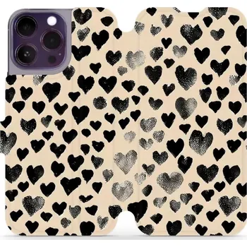Pouzdro na mobilní telefon Flipové pouzdro Mobiwear - Apple iPhone 14 Pro Max - VA51S Černá srdíčka (Knížkové flip pouzdro, obal, kryt na mobil Apple iPhone 14 Pro Max - VA51S Černá srdíčka, materiál Umělá kůže + TPU - ochrana 360°, stojánek, silikonová vanička, magnetické zavírání