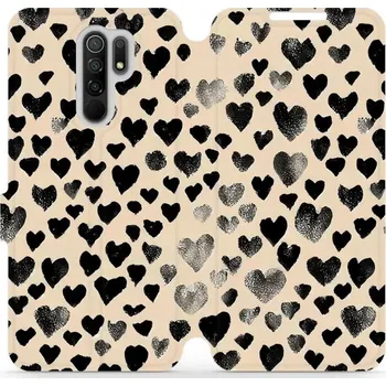 Pouzdro na mobilní telefon Flipové pouzdro Mobiwear - Xiaomi Redmi 9 - VA51S Černá srdíčka (Knížkové flip pouzdro, obal, kryt na mobil Xiaomi Redmi 9 - VA51S Černá srdíčka, materiál Umělá kůže + TPU - ochrana 360°, stojánek, silikonová vanička, magnetické zavírání)