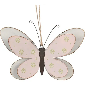Růžovo-bílá kovová závěsná dekorace motýl S - 16*4*10 cm
