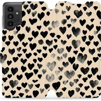 Pouzdro na mobilní telefon Flipové pouzdro Mobiwear - Samsung Galaxy A13 5G / A04s - VA51S Černá srdíčka (Knížkové flip pouzdro, obal, kryt na mobil Samsung Galaxy A13 5G / A04s - VA51S Černá srdíčka, materiál Umělá kůže + TPU - ochrana 360°, stojánek, silikonová vanička, magnetick