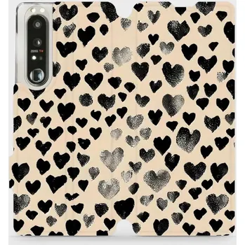 Pouzdro na mobilní telefon Flipové pouzdro Mobiwear - Sony Xperia 1 III - VA51S Černá srdíčka (Knížkové flip pouzdro, obal, kryt na mobil Sony Xperia 1 III - VA51S Černá srdíčka, materiál Umělá kůže + TPU - ochrana 360°, stojánek, silikonová vanička, magnetické zavírání)