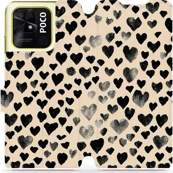 Pouzdro na mobilní telefon Flipové pouzdro Mobiwear - Xiaomi POCO C40 - VA51S Černá srdíčka (Knížkové flip pouzdro, obal, kryt na mobil Xiaomi POCO C40 - VA51S Černá srdíčka, materiál Umělá kůže + TPU - ochrana 360°, stojánek, silikonová vanička, magnetické zavírání)
