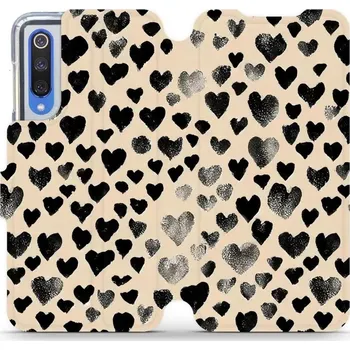 Pouzdro na mobilní telefon Flipové pouzdro Mobiwear - Xiaomi Mi 9 SE - VA51S Černá srdíčka (Knížkové flip pouzdro, obal, kryt na mobil Xiaomi Mi 9 SE - VA51S Černá srdíčka, materiál Umělá kůže + TPU - ochrana 360°, stojánek, silikonová vanička, magnetické zavírání)