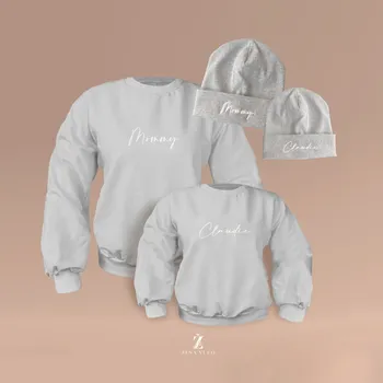 Čepice Mikina s balonovými rukávy MOMMY A DÍTĚ + čepička, mašle Barva: Šedá, Velikost dítě: 5-6 let + čepice 45 - 55 cm, Velikost máma: S- M + čepice s lemem