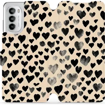 Pouzdro na mobilní telefon Flipové pouzdro Mobiwear - Motorola Moto G82 5G - VA51S Černá srdíčka (Knížkové flip pouzdro, obal, kryt na mobil Motorola Moto G82 5G - VA51S Černá srdíčka, materiál Umělá kůže + TPU - ochrana 360°, stojánek, silikonová vanička, magnetické zavírání)