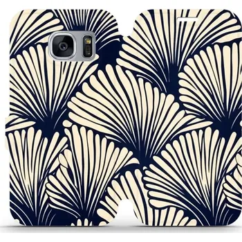 Pouzdro na mobilní telefon Flipové pouzdro Mobiwear - Samsung Galaxy S7 Edge - VA41S Béžové květy na modré (Knížkové flip pouzdro, obal, kryt na mobil Samsung Galaxy S7 Edge - VA41S Béžové květy na modré, materiál Umělá kůže + TPU - ochrana 360°, stojánek, silikonová vanička,)