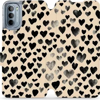 Pouzdro na mobilní telefon Flipové pouzdro Mobiwear - Motorola Moto G31 - VA51S Černá srdíčka (Knížkové flip pouzdro, obal, kryt na mobil Motorola Moto G31 - VA51S Černá srdíčka, materiál Umělá kůže + TPU - ochrana 360°, stojánek, silikonová vanička, magnetické zavírání)