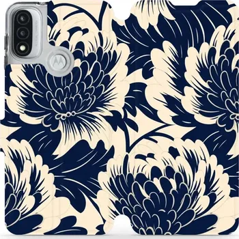 Pouzdro na mobilní telefon Flipové pouzdro Mobiwear - Motorola Moto E20 - VA40S Modré a béžové květy (Knížkové flip pouzdro, obal, kryt na mobil Motorola Moto E20 - VA40S Modré a béžové květy, materiál Umělá kůže + TPU - ochrana 360°, stojánek, silikonová vanička, magnetické zavírá