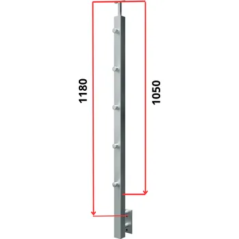 Zábradlí Hahn Steel Konfigurátor - nerezový sloupek O40*40mm - 5 x výplň O12mm - vnější, AISI 304 - brus, boční kotvení Typ držáku madla: Model 0718.242 - kulaté madlo ⌀42,4mm, Výška sloupku - nad podlahou: 1050mm, Parametry sloupku pod úrovní podlahy: 80*130mm