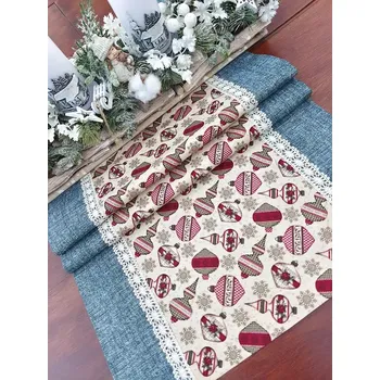 ubrus Běhoun vánoční - vánoční ozdoby na béžové v kombinaci s tmavě zelenou