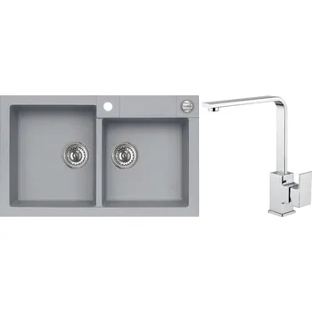 Granitový dřez Alveus Set Rock 90 Granitový dřez dvojitý 780x480 mm+ baterie Reno, beton, SETA540