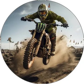 Jedlá dekorace na dort Jedlý papír jezdec motocross v zeleném dresu 19,5cm