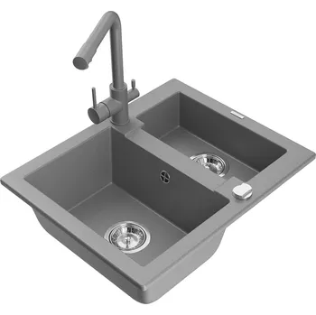 Granitový dřez Mexen Carlos 1,5miskový granitový dřez s kuchyňskou baterií Duero, šedá 6518-71-671600-71
