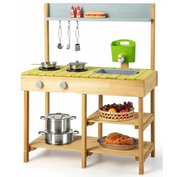 Dětská kuchyňka Costway Venkovní dětská kuchyňka s přívodem vody a doplňky 75 x 35 x 92 cm přírodní/modrá/žlutá