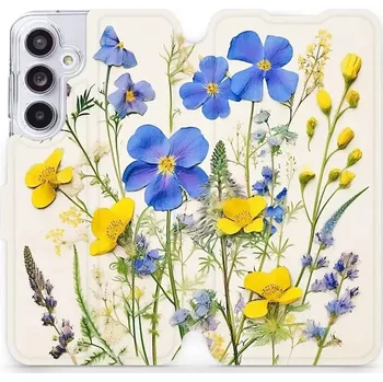 Pouzdro na mobilní telefon Flipové pouzdro Mobiwear - Samsung Galaxy A55 5G - VP41S Modré a žluté kvítky (Knížkové flip pouzdro, obal, kryt na mobil Samsung Galaxy A55 5G - VP41S Modré a žluté kvítky, materiál Umělá kůže + TPU - ochrana 360°, stojánek, silikonová vanička, magnetick