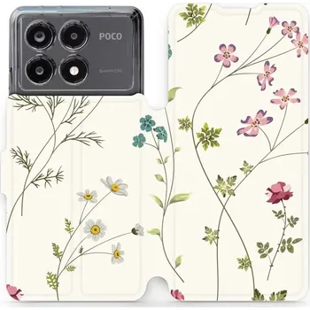 Pouzdro na mobilní telefon Flipové pouzdro Mobiwear - Xiaomi Poco X6 Pro 5G - MD03S Tenké rostlinky s květy (Knížkové flip pouzdro, obal, kryt na mobil Xiaomi Poco X6 Pro 5G - MD03S Tenké rostlinky s květy, materiál Umělá kůže + TPU - ochrana 360°, stojánek, silikonová vanička,)