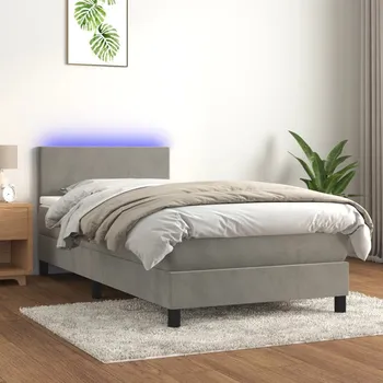 Postel vidaXL Box spring postel s matrací a LED 90x190 cm samet [3134256] Barva: světle šedá