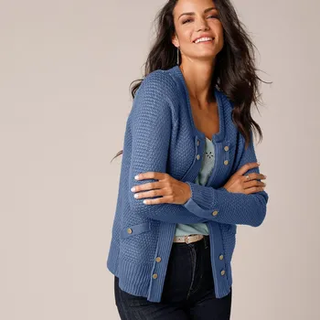 Dámský svetr Svetr s ozdobnými knoflíky s patinou modrá 50