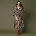 Dlouhé šaty s potiskem, knoflíčky a 3/4 pagodovými rukávy khaki 50