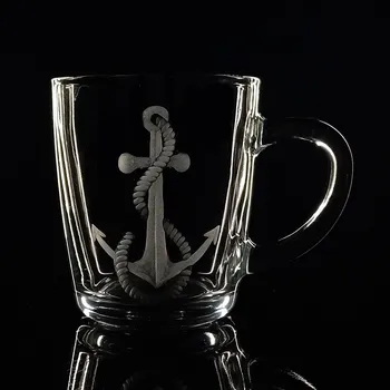 Stolování hrnek skleněný na čaj 300ml s motivem kotva, dárek pro vodáky, námořníky - ručně ryté (broušené), dárková krabička