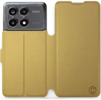 Flipové pouzdro Mobiwear - Xiaomi Poco X6 Pro 5G - Zlatavé a šedé (Knížkové flip pouzdro, obal, kryt na mobil Xiaomi Poco X6 Pro 5G - Zlatavé a šedé, materiál Umělá kůže + TPU - ochrana 360°, stojánek, silikonová vanička, magnetické zavírání)